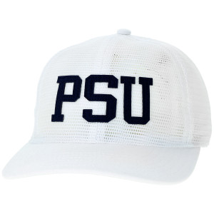 white meshy trucker hat with navy PSU